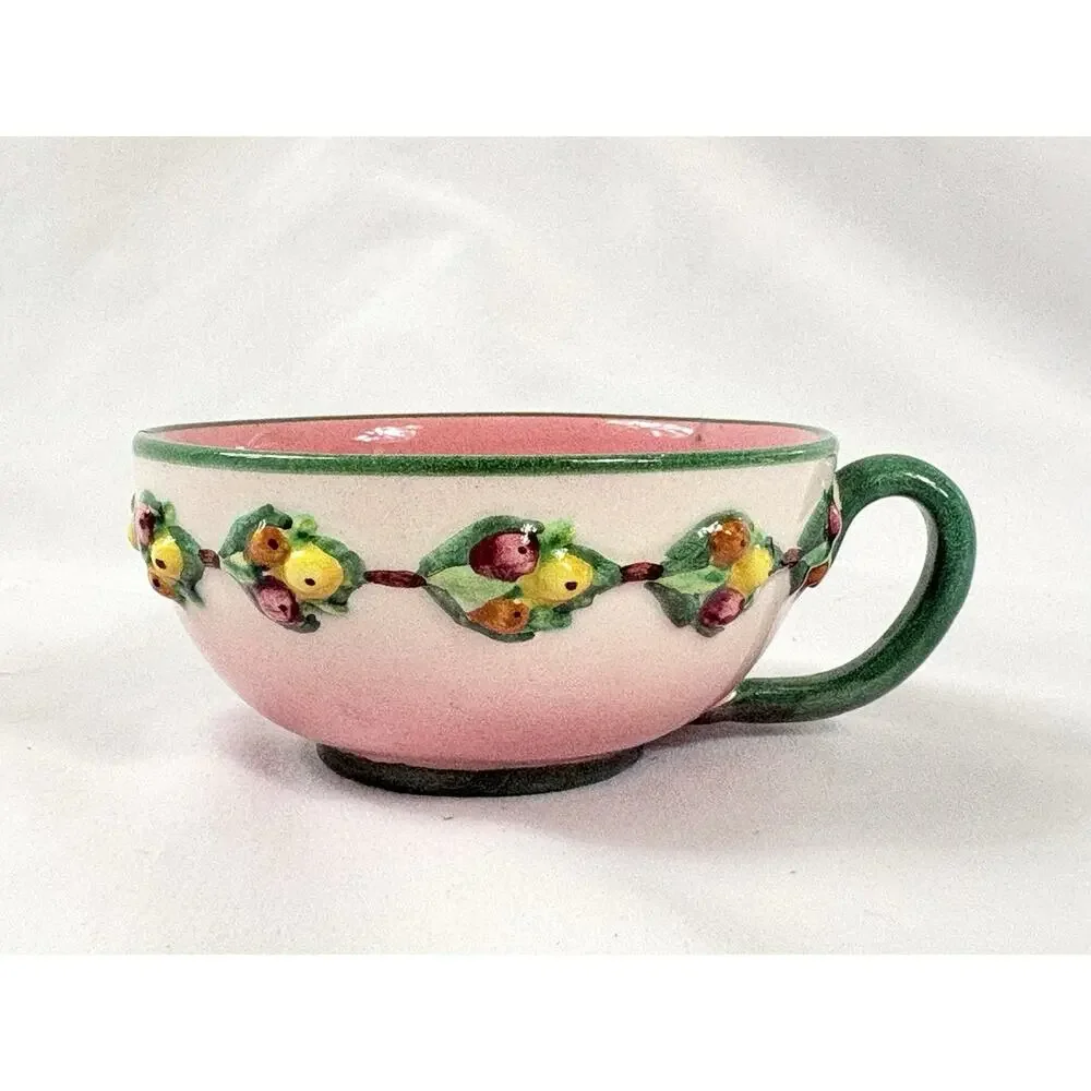 Vtg Italian Majolica Tea Cup & Saucer Pink Fruit Relief Pears Berries Italy 5233